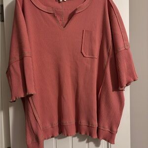 Easel Ribbed V-Neck Top in Mauve.